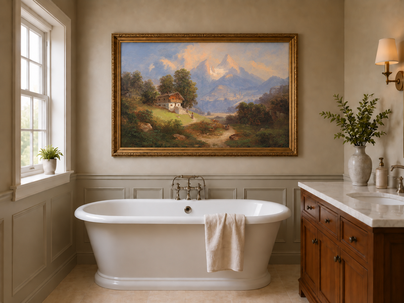 Peinture à l'huile de paysage - Chalet alpin et sentier de montagne