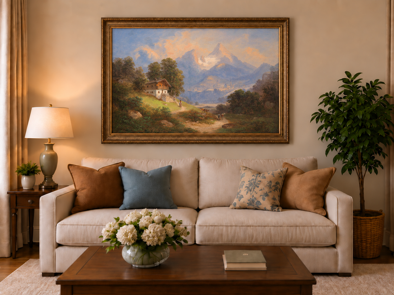 Peinture à l'huile de paysage - Chalet alpin et sentier de montagne