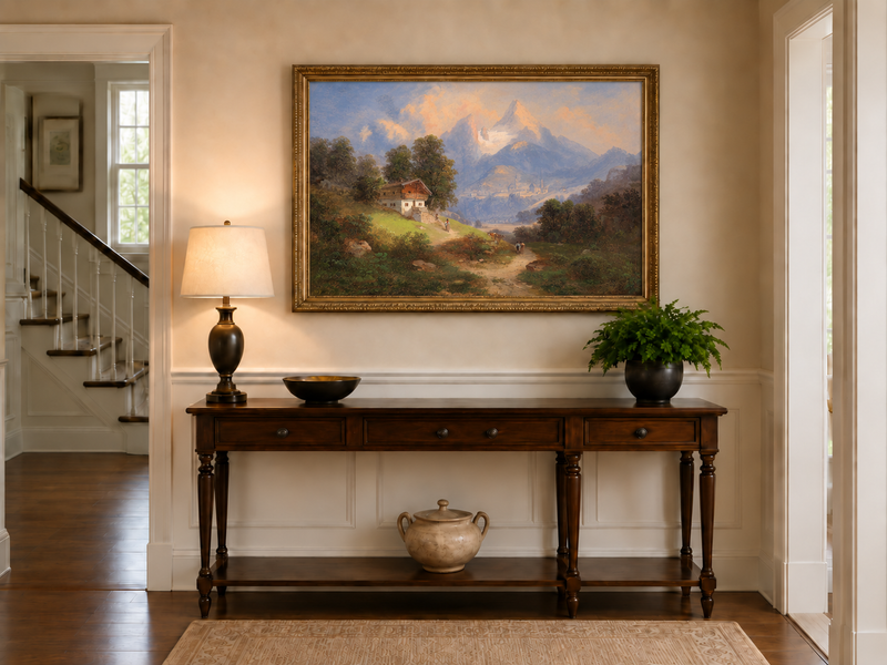 Peinture à l'huile de paysage - Chalet alpin et sentier de montagne