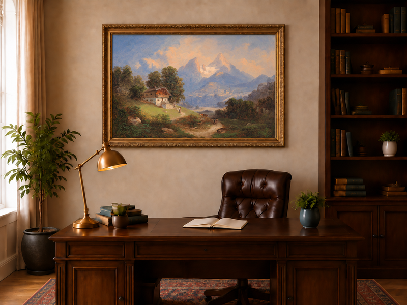 Peinture à l'huile de paysage - Chalet alpin et sentier de montagne