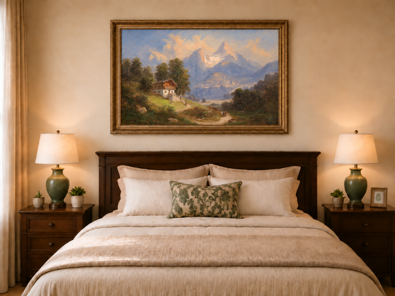Peinture à l'huile de paysage - Chalet alpin et sentier de montagne