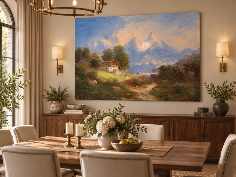 Peinture à l'huile de paysage - Chalet alpin et sentier de montagne