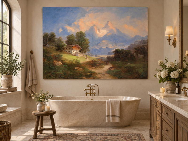 Peinture à l'huile de paysage - Chalet alpin et sentier de montagne