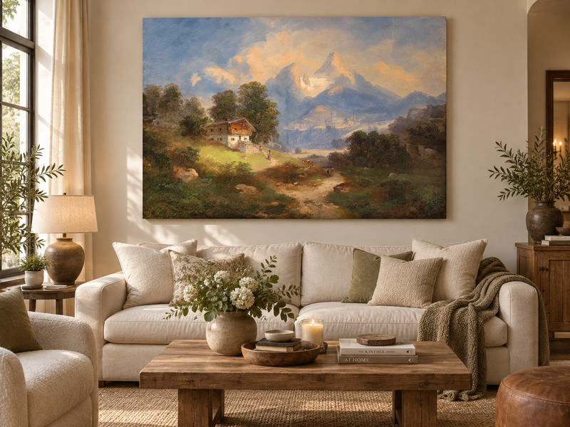 Peinture à l'huile de paysage - Chalet alpin et sentier de montagne