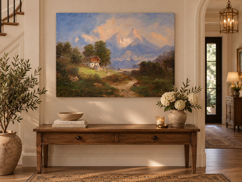 Peinture à l'huile de paysage - Chalet alpin et sentier de montagne