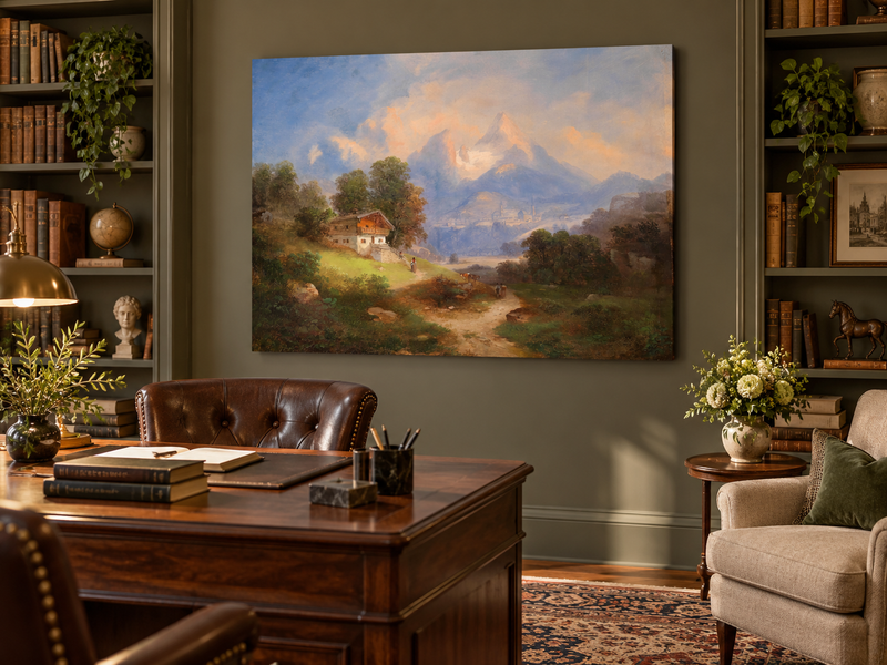 Peinture à l'huile de paysage - Chalet alpin et sentier de montagne