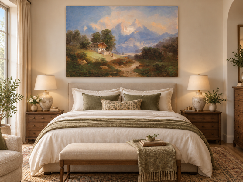 Peinture à l'huile de paysage - Chalet alpin et sentier de montagne