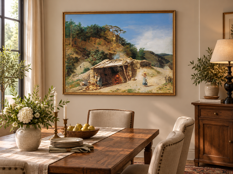 Landscape Oil Painting - Mountain Kiln Scene with Figures