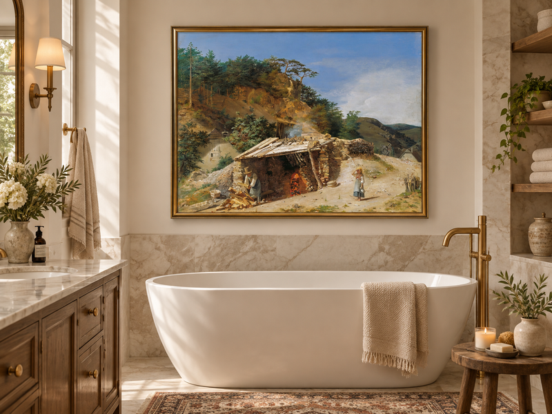 Landscape Oil Painting - Mountain Kiln Scene with Figures
