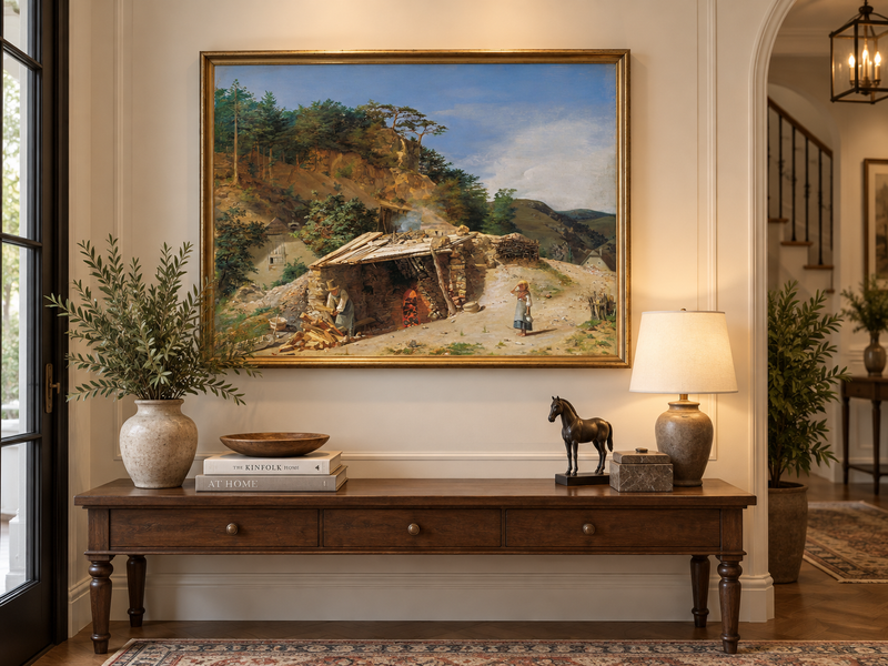 Landscape Oil Painting - Mountain Kiln Scene with Figures