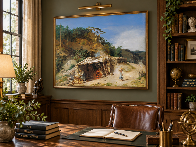 Landscape Oil Painting - Mountain Kiln Scene with Figures