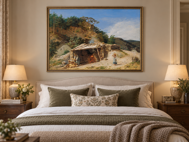 Landscape Oil Painting - Mountain Kiln Scene with Figures