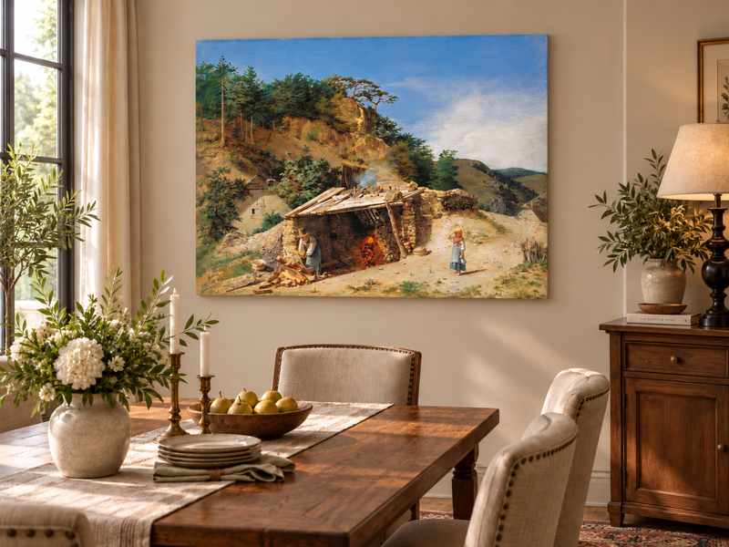 Landscape Oil Painting - Mountain Kiln Scene with Figures