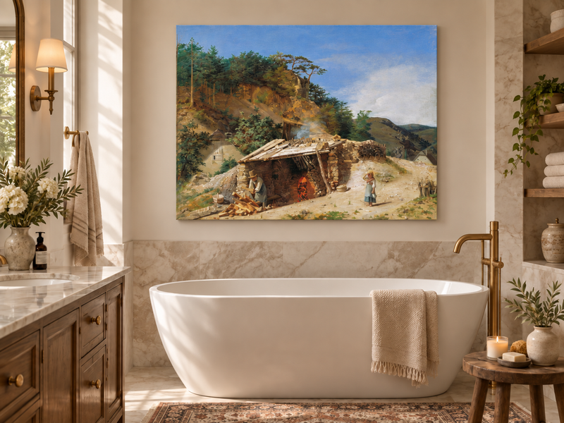 Landscape Oil Painting - Mountain Kiln Scene with Figures