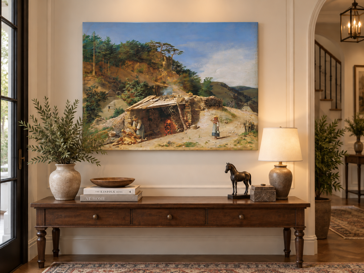 Landscape Oil Painting - Mountain Kiln Scene with Figures