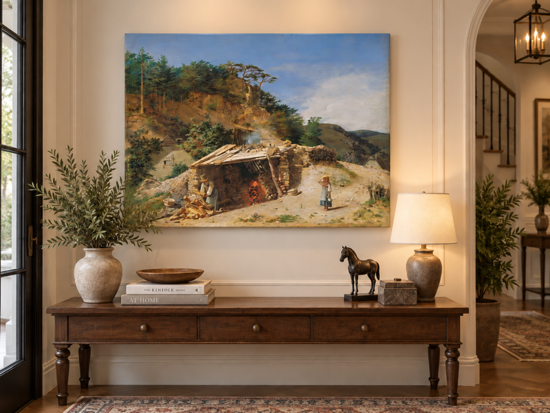 Landscape Oil Painting - Mountain Kiln Scene with Figures