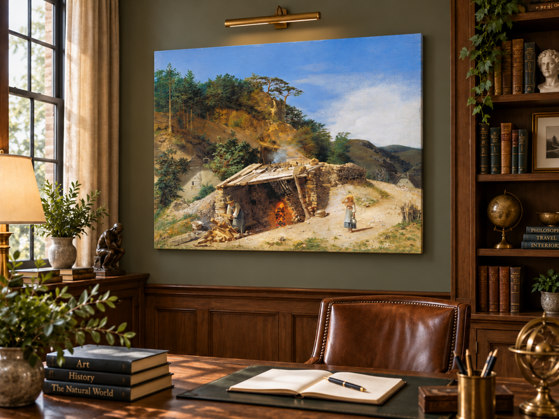 Landscape Oil Painting - Mountain Kiln Scene with Figures