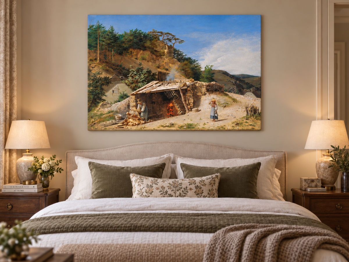 Landscape Oil Painting - Mountain Kiln Scene with Figures