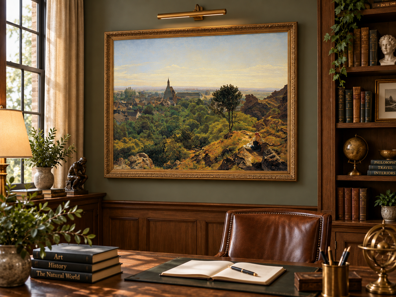 Landschaftsgemälde (Öl) – Blick von einem Hügel auf die Stadt mit Figur