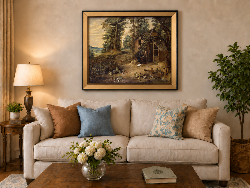 Peinture à l'huile de paysage - Scène de rivière hivernale avec personnages et chevaux