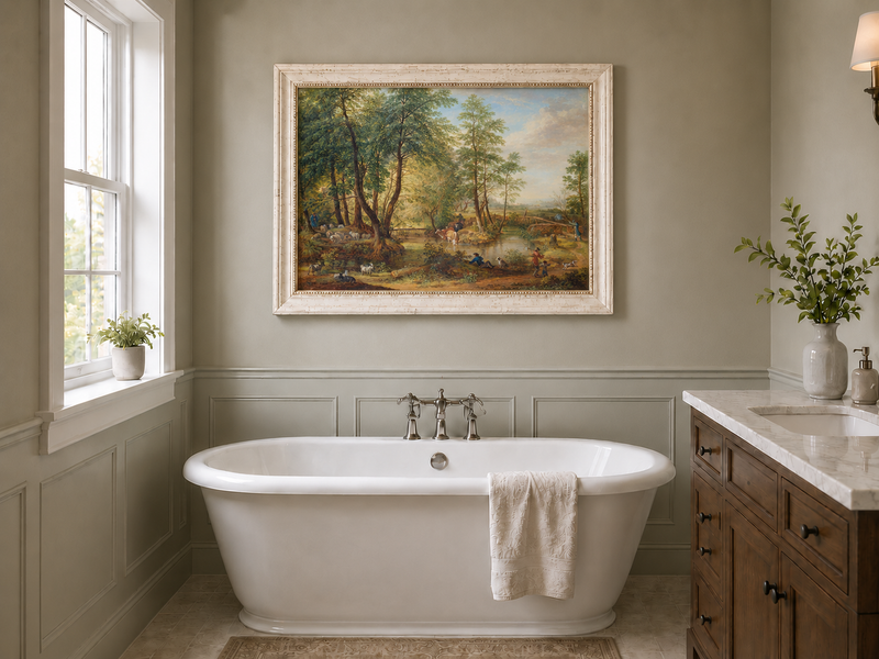 Landscape Oil Painting - Pastoral Woodland Stream with Sheep