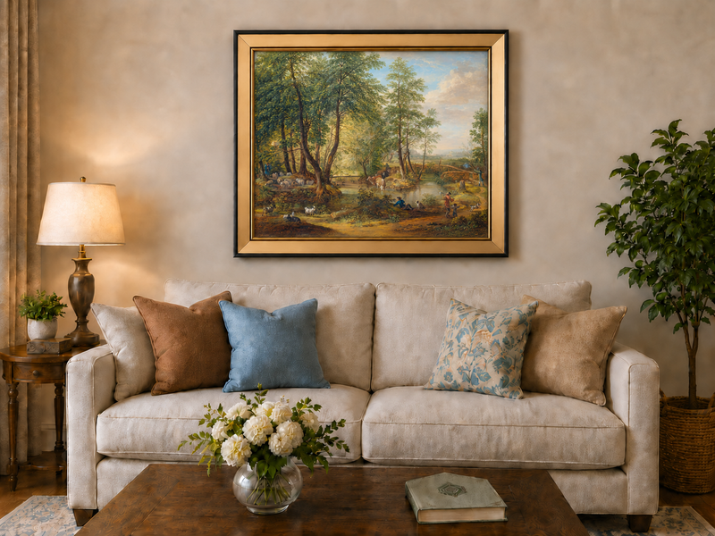Landscape Oil Painting - Pastoral Woodland Stream with Sheep
