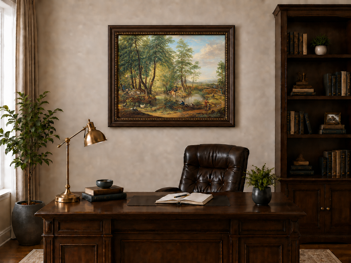 Landscape Oil Painting - Pastoral Woodland Stream with Sheep