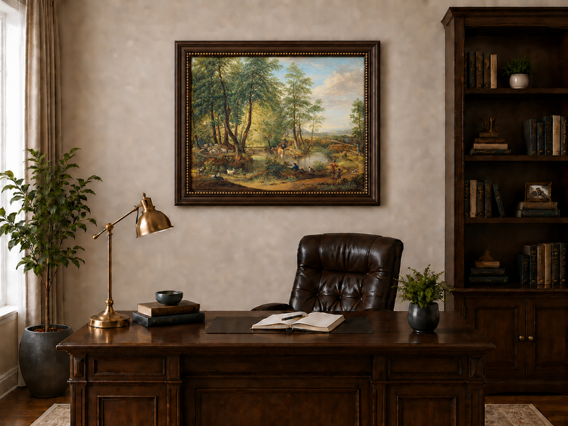 Landscape Oil Painting - Pastoral Woodland Stream with Sheep