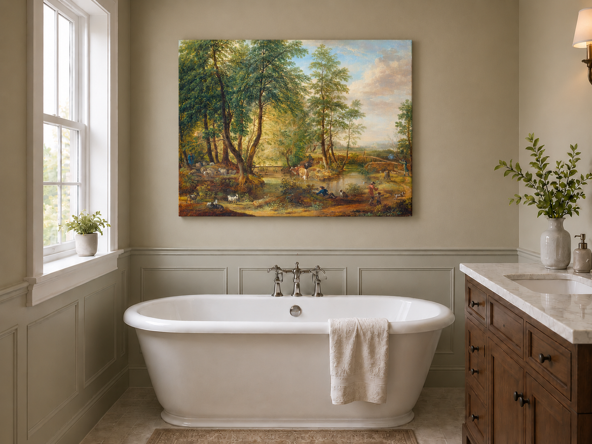 Landscape Oil Painting - Pastoral Woodland Stream with Sheep