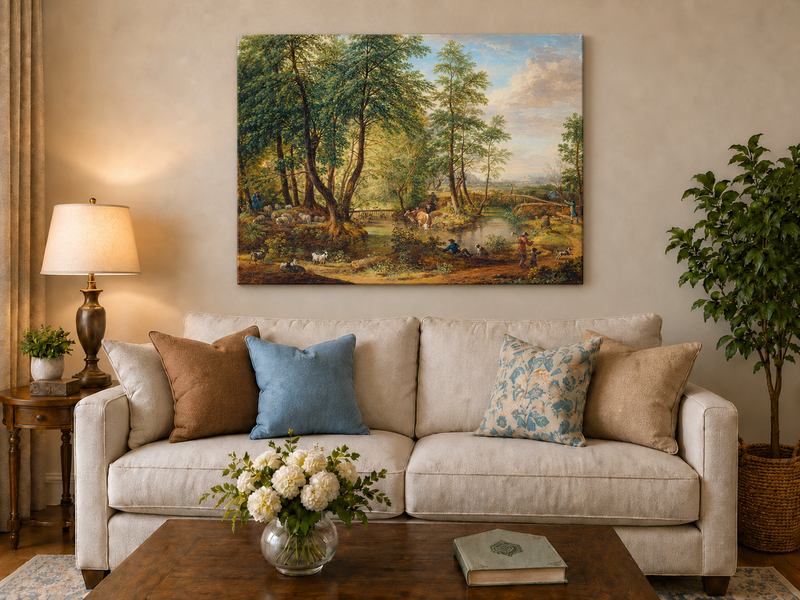 Landscape Oil Painting - Pastoral Woodland Stream with Sheep