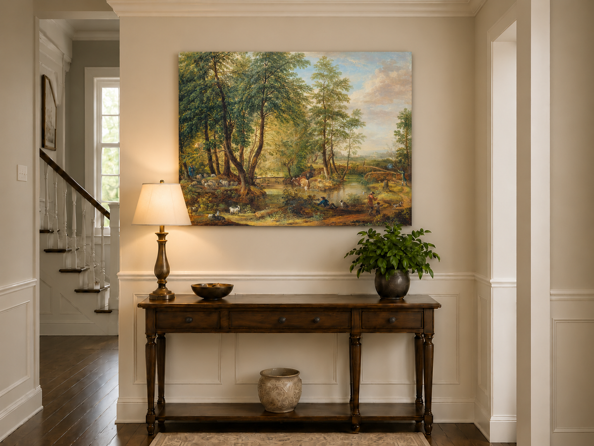 Landscape Oil Painting - Pastoral Woodland Stream with Sheep