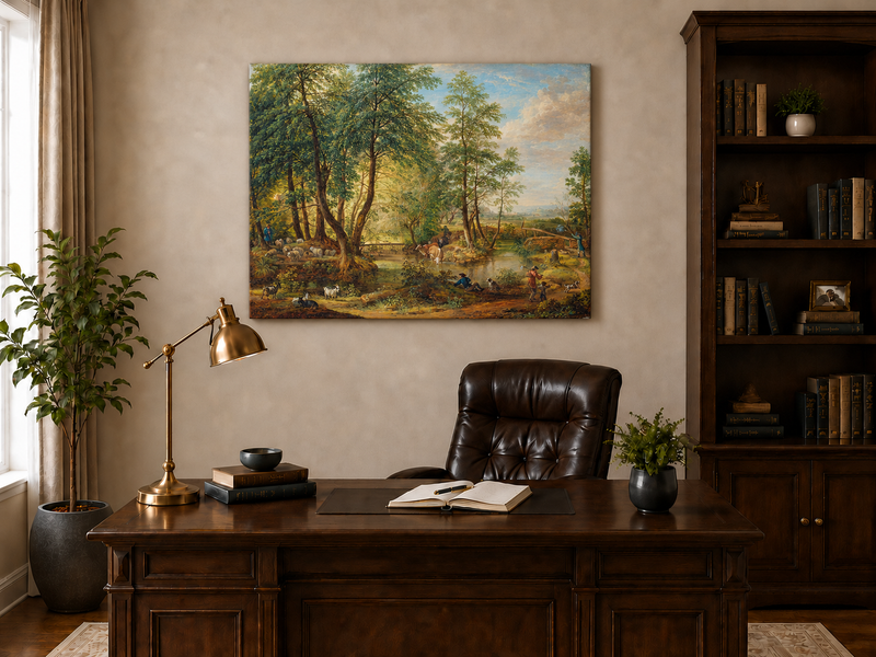 Landscape Oil Painting - Pastoral Woodland Stream with Sheep