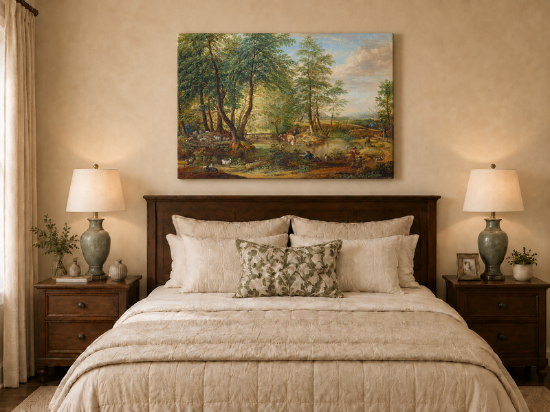 Landscape Oil Painting - Pastoral Woodland Stream with Sheep