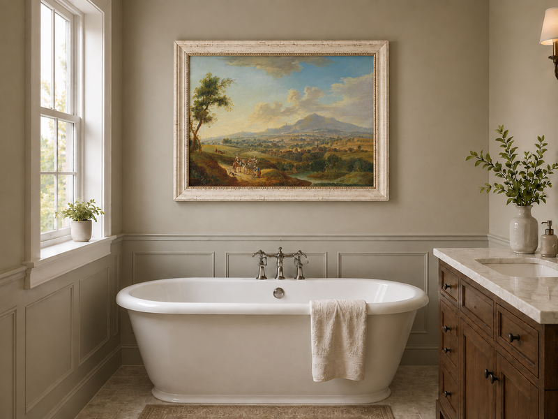 Landscape Oil Painting - Pastoral Valley with Village and Cart