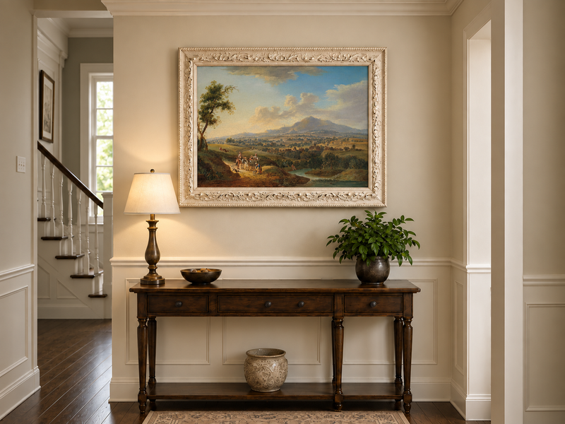 Landscape Oil Painting - Pastoral Valley with Village and Cart