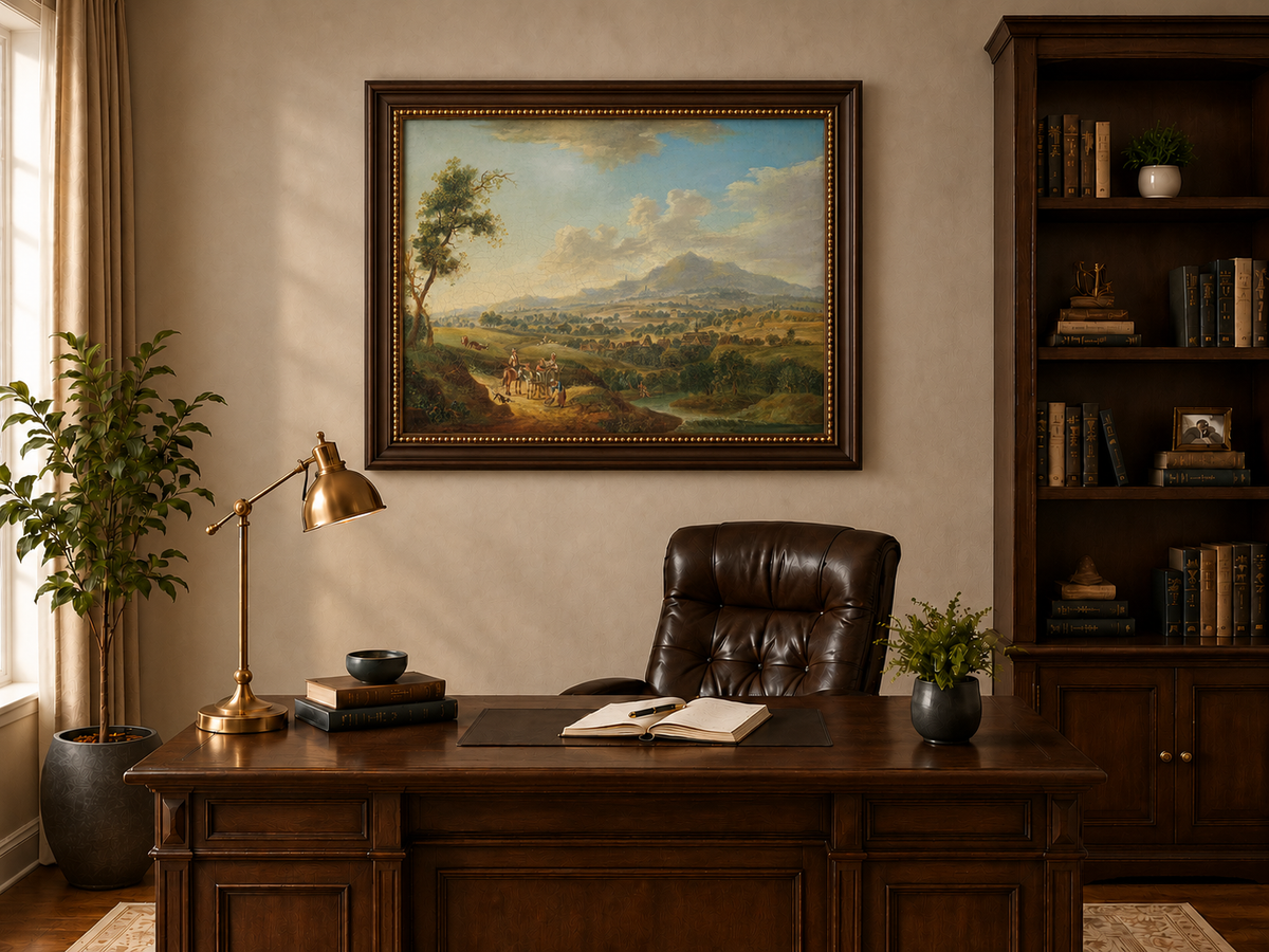 Landscape Oil Painting - Pastoral Valley with Village and Cart