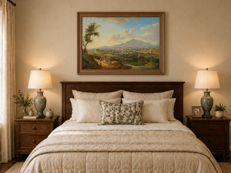 Landscape Oil Painting - Pastoral Valley with Village and Cart
