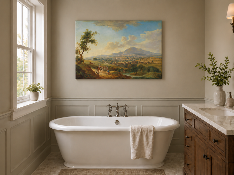 Landscape Oil Painting - Pastoral Valley with Village and Cart
