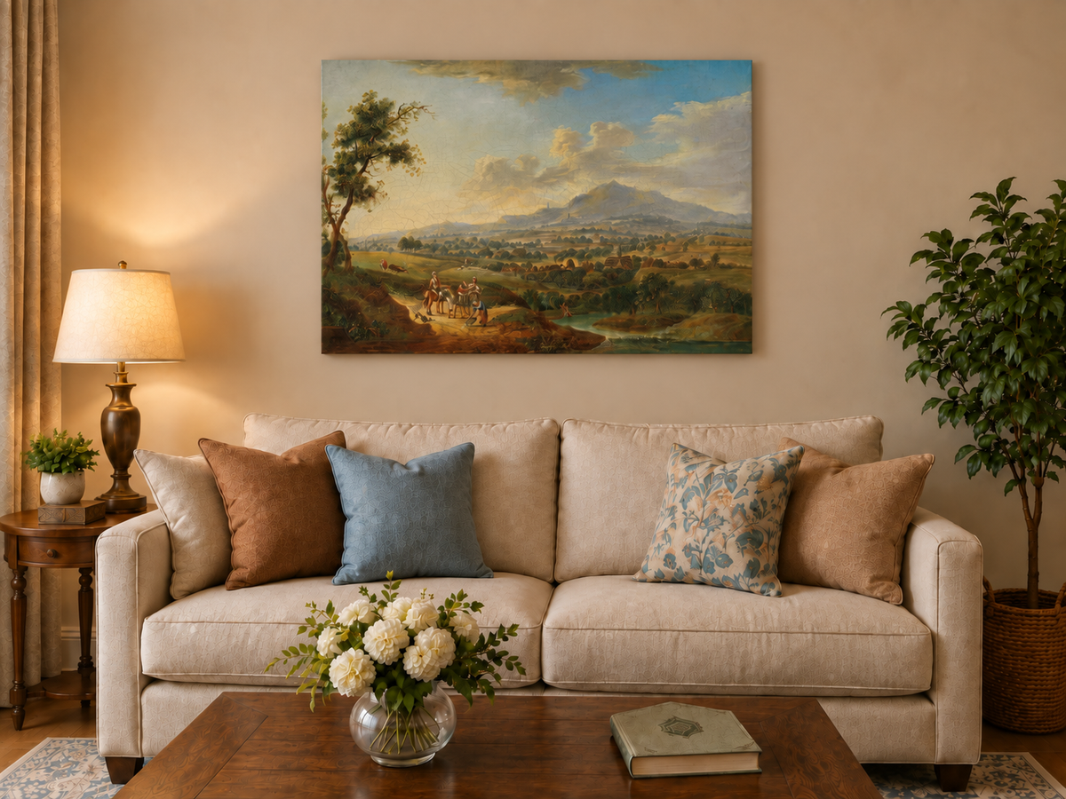 Landscape Oil Painting - Pastoral Valley with Village and Cart
