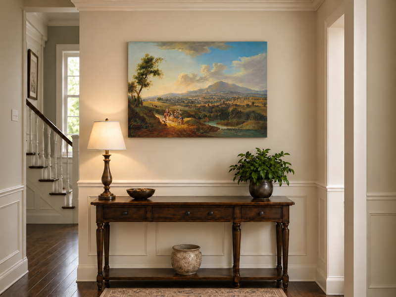 Landscape Oil Painting - Pastoral Valley with Village and Cart