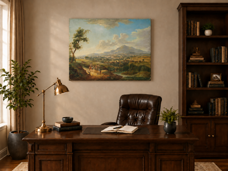 Landscape Oil Painting - Pastoral Valley with Village and Cart