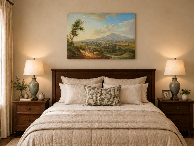 Landscape Oil Painting - Pastoral Valley with Village and Cart