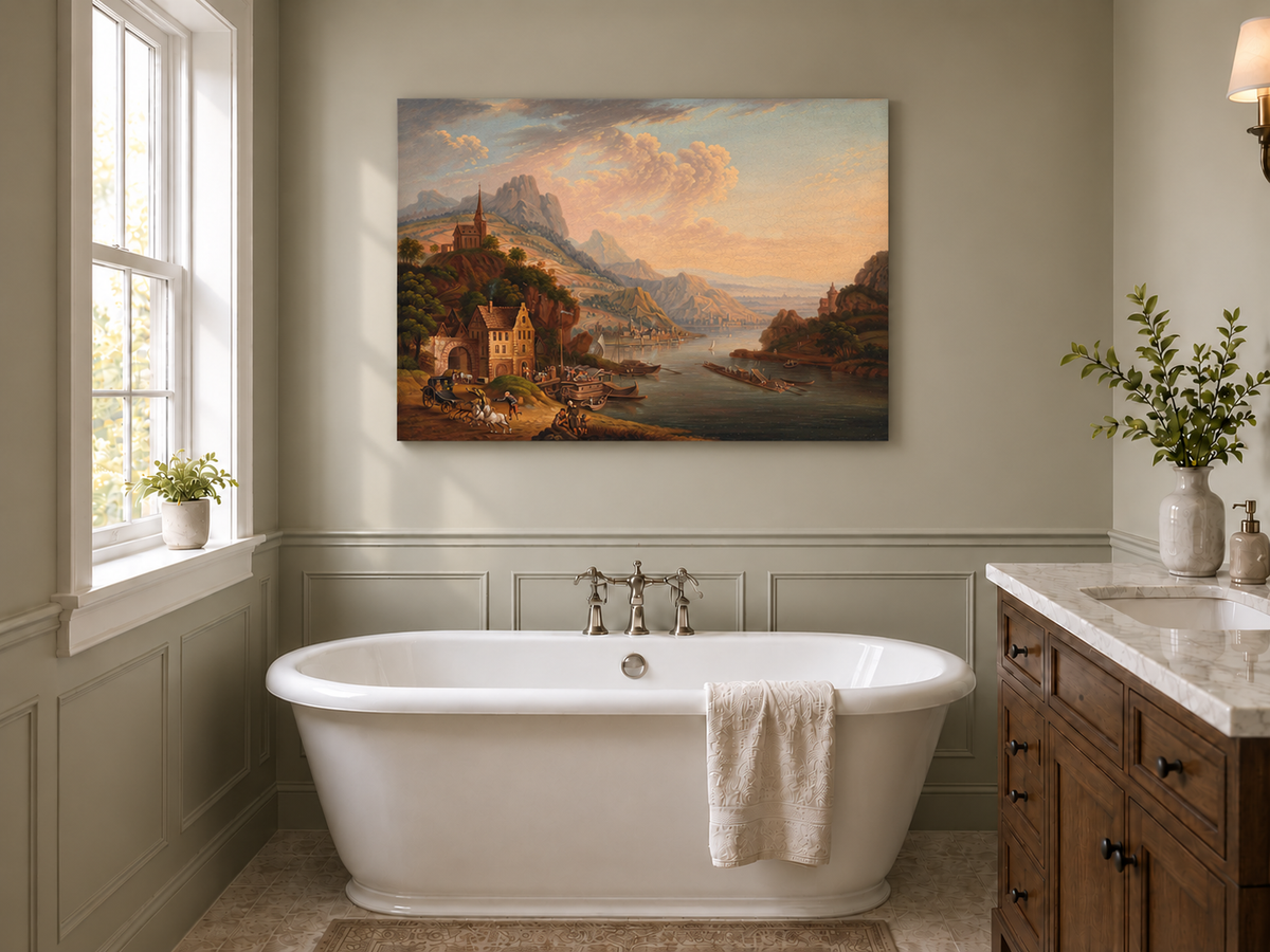 Peinture à l'huile de paysage - Village en bord de rivière, montagne, église et