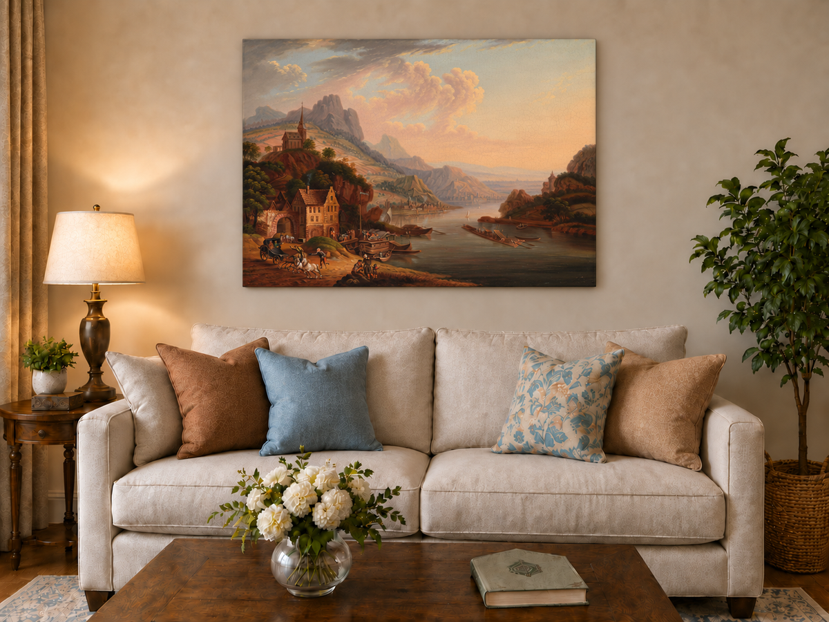 Peinture à l'huile de paysage - Village en bord de rivière, montagne, église et