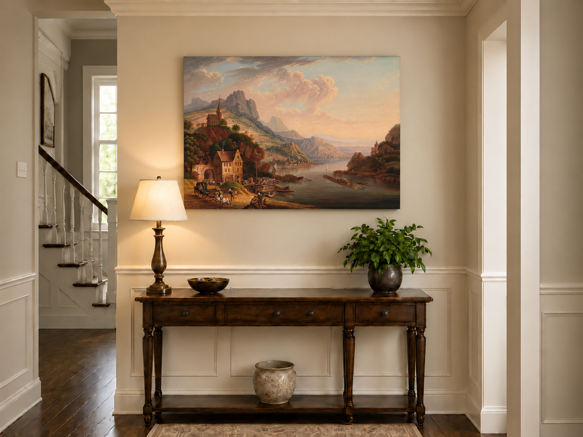 Peinture à l'huile de paysage - Village en bord de rivière, montagne, église et