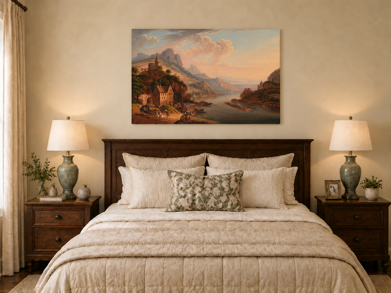 Peinture à l'huile de paysage - Village en bord de rivière, montagne, église et