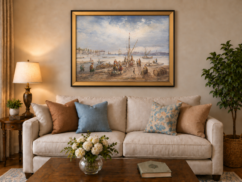 Landscape Oil Painting - Harbor Market Scene