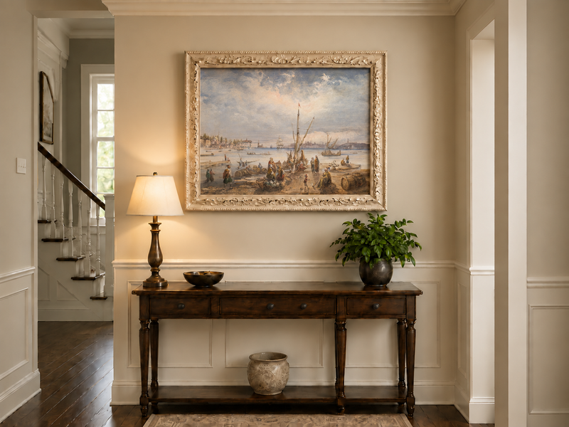 Landscape Oil Painting - Harbor Market Scene