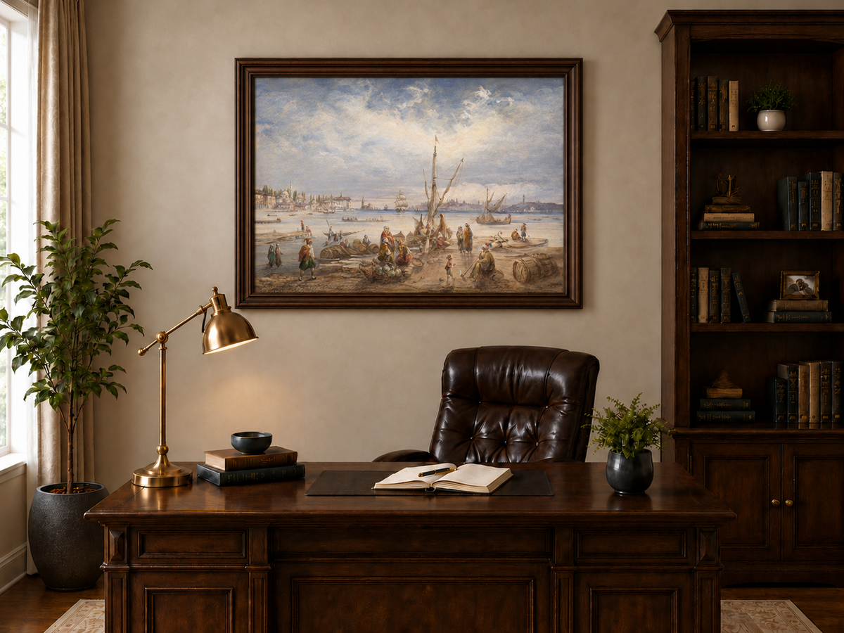 Landscape Oil Painting - Harbor Market Scene