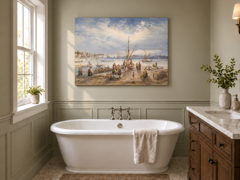 Landscape Oil Painting - Harbor Market Scene